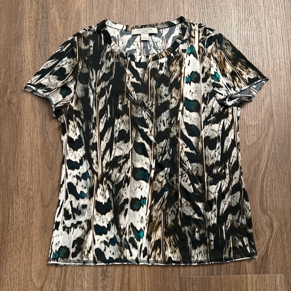 AllSaints Black, White & Teal Feather-Print Short Sleeve Top